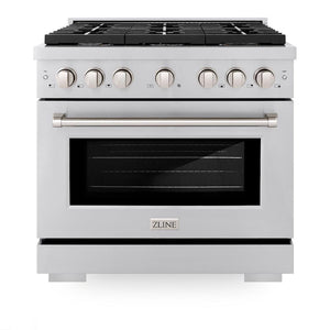 ZLINE 36 in. 5.2 cu. ft. Gas Range with Convection Gas Oven in Stainless Steel with 6 Brass Burners (SGR-BR-36) front, oven closed.