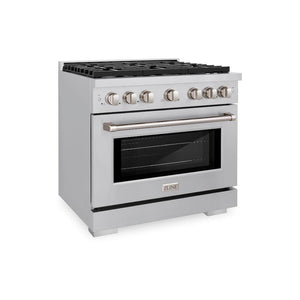 ZLINE 36 in. 5.2 cu. ft. Gas Range with Convection Gas Oven in Stainless Steel with 6 Brass Burners (SGR-BR-36) side, oven closed.