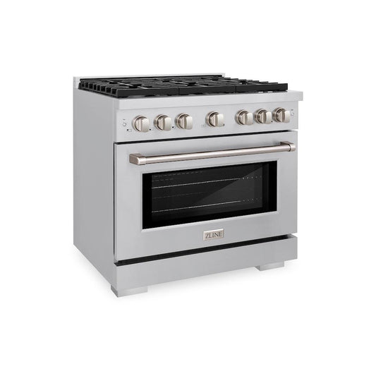 ZLINE 36 in. 5.2 cu. ft. Gas Range with Convection Gas Oven in Stainless Steel with 6 Brass Burners (SGR-BR-36) side, oven closed.