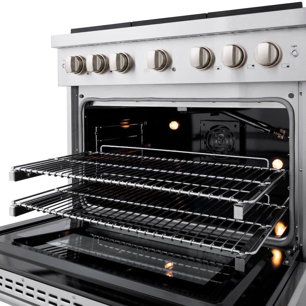 Oven open with racks extended and oven lighting activated, front ZLINE 36 in. 5.2 cu. ft. Gas Range with Convection Gas Oven in Stainless Steel with 6 Brass Burners (SGR-BR-36)