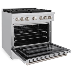 ZLINE 36 in. 5.2 cu. ft. Paramount Gas Range with Convection Gas Oven in Stainless Steel with 6 Brass Burners (SGR-BR-36) side, oven open.
