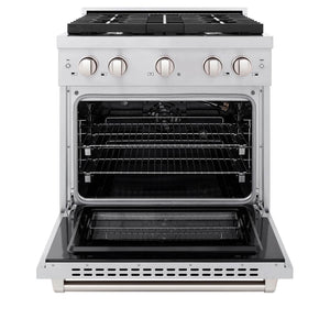 ZLINE 30 in. 4.2 cu. ft. 4 Burner Gas Range with Convection Gas Oven in Stainless Steel (SGR30) front, with oven open.