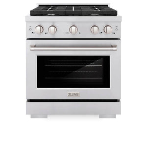 ZLINE 30 in. 4.2 cu. ft. 4 Burner Gas Range with Convection Gas Oven in Stainless Steel (SGR30) front, oven closed.