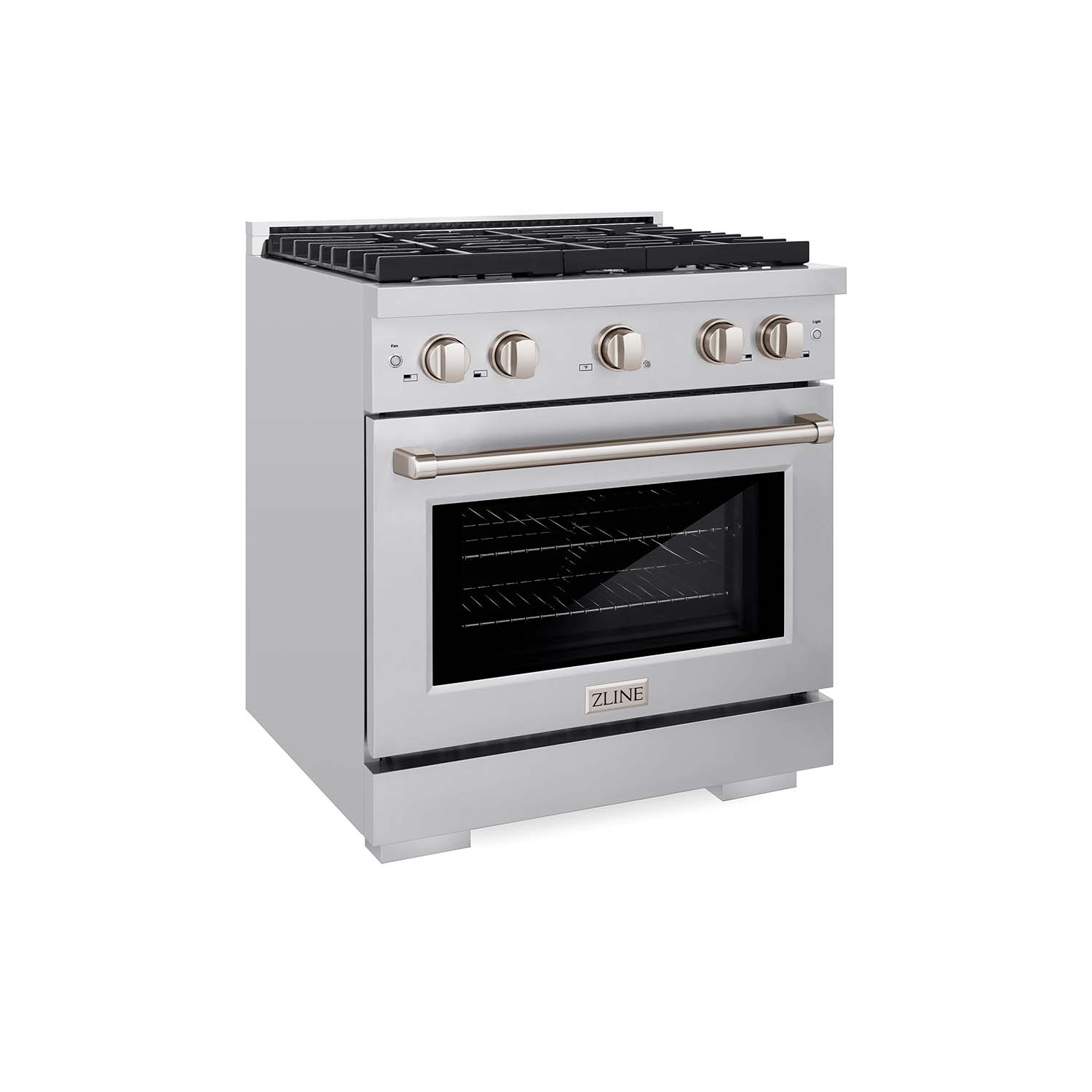 ZLINE 30 in. 4.2 cu. ft. 4 Burner Gas Range with Convection Gas Oven in Stainless Steel (SGR30) side, oven closed.