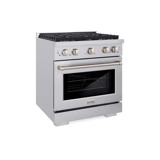 ZLINE 30 in. 4.2 cu. ft. 4 Burner Gas Range with Convection Gas Oven in Stainless Steel (SGR30) side, oven closed.