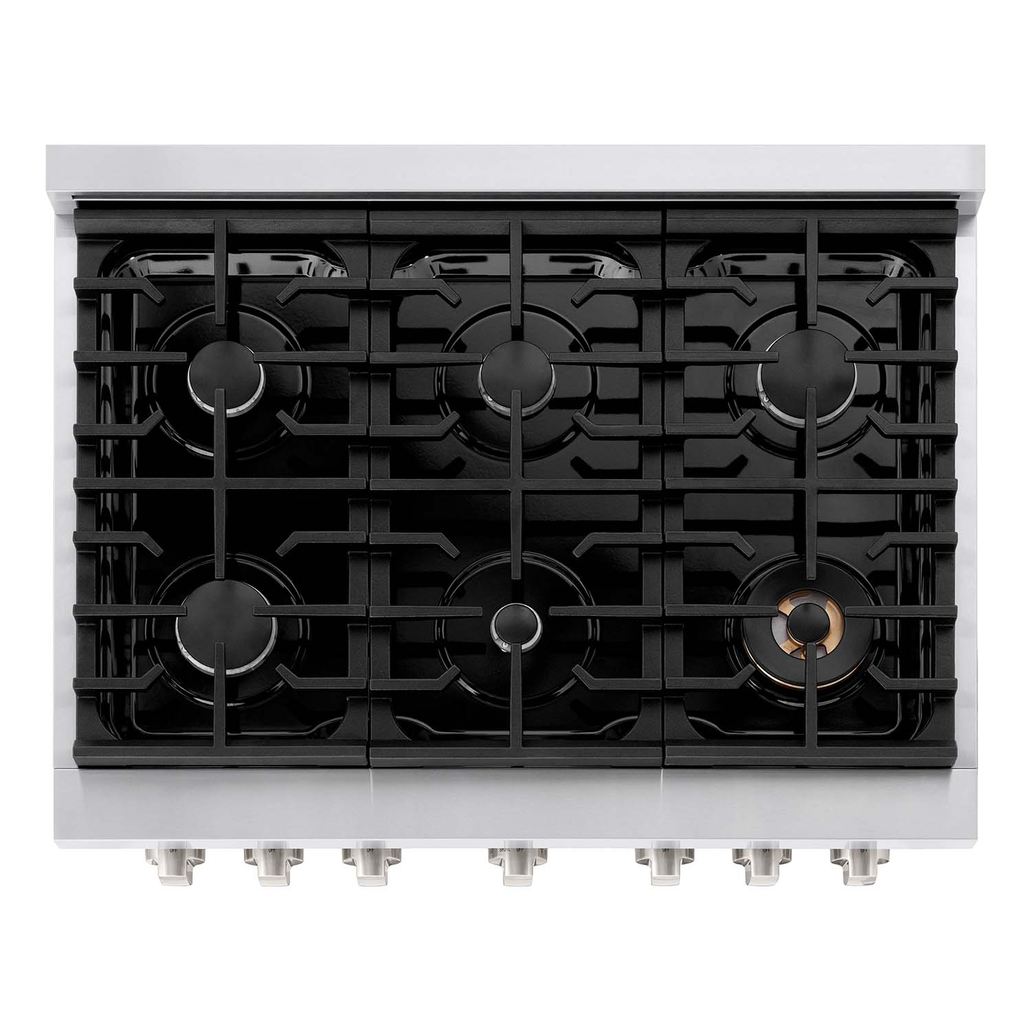 ZLINE 36 in. 5.2 cu. ft. 6 Burner Gas Range with Convection Gas Oven in Stainless Steel (SGR36) from above, showing gas burners, black porcelain cooktop, and cast-iron grates.