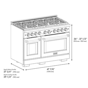 ZLINE 48 in. 6.7 cu. ft. Paramount Double Oven Gas Range with 8 Burner Cooktop in Stainless Steel (SGR48) dimensional diagram.
