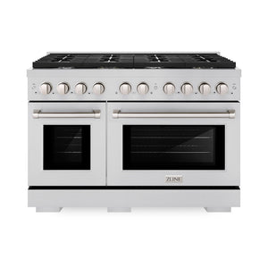 ZLINE 48 in. 6.7 cu. ft. Paramount Double Oven Gas Range with 8 Burner Cooktop in Stainless Steel (SGR48) front, oven closed.