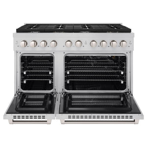 ZLINE 48 in. 6.7 cu. ft. Paramount Double Oven Gas Range with 8 Burner Cooktop in Stainless Steel (SGR48) front, open.
