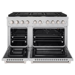 ZLINE 48 in. 6.7 cu. ft. 8 Burner Double Oven Gas Range in Stainless Steel (SGR48) front, with oven open.