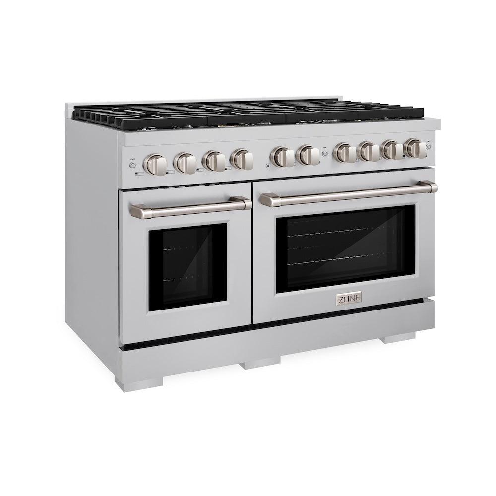 ZLINE 48 in. 6.7 cu. ft. 8 Burner Double Oven Gas Range in Stainless Steel (SGR48) side, oven closed.