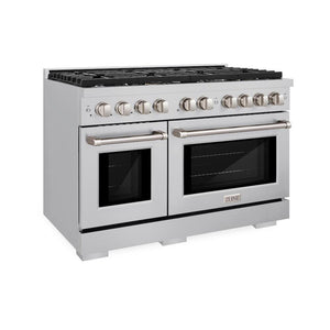 ZLINE 48 in. 6.7 cu. ft. 8 Burner Double Oven Gas Range in Stainless Steel (SGR48) side, oven closed.