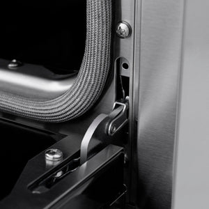 ZLINE 48 in. 6.7 cu. ft. 8 Burner Double Oven Gas Range in Stainless Steel (SGR48) StayPut oven door hinge close-up.
