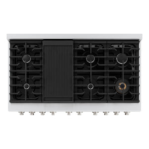 ZLINE 48 in. 6.7 cu. ft. 8 Burner Double Oven Gas Range in Stainless Steel (SGR48) from above, showing gas burners, black porcelain cooktop, and cast-iron grates.