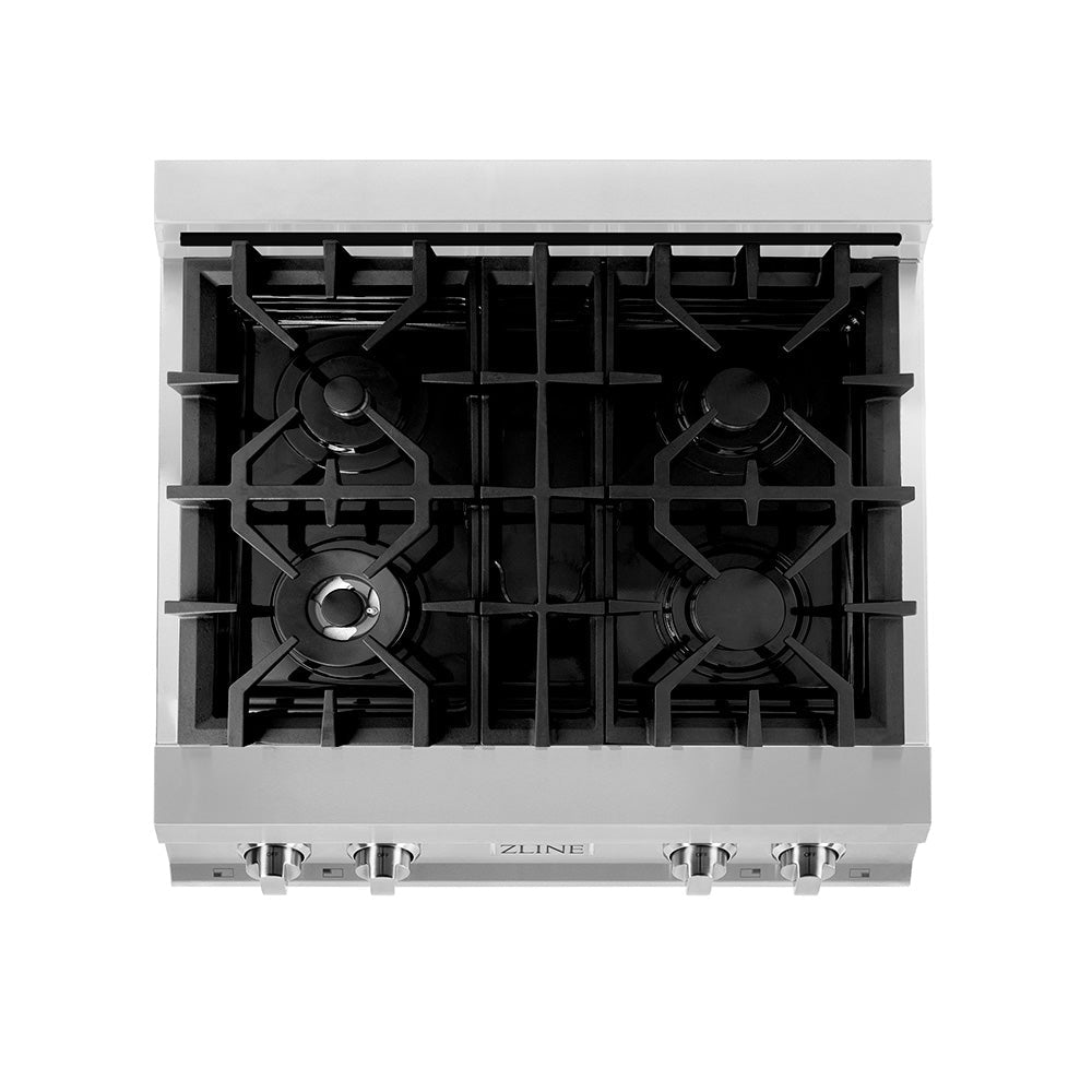 ZLINE 30 in. Porcelain Gas Rangetop with 4 Gas Burners (RT30) from above showing gas burners and cast-iron grates.