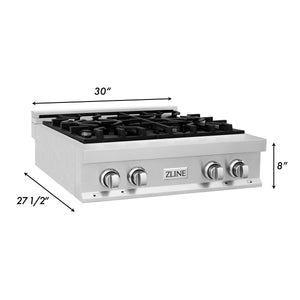 ZLINE 30 in. Porcelain Gas Rangetop with 4 Gas Burners (RT30) dimensional diagram with measurements.