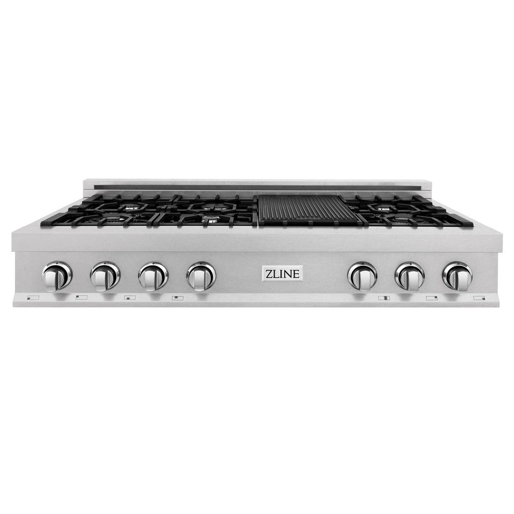 ZLINE 48 in. Porcelain Gas Rangetop in DuraSnow® Stainless Steel with 7 Gas Burners and Griddle (RTS-48) front.