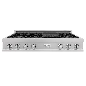 ZLINE 48 in. Porcelain Gas Rangetop in DuraSnow® Stainless Steel with 7 Gas Burners and Griddle (RTS-48) front.