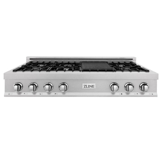 ZLINE 48 in. Porcelain Gas Rangetop in DuraSnow® Stainless Steel with 7 Gas Burners and Griddle (RTS-48) front.