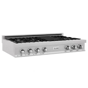 ZLINE 48 in. Porcelain Gas Rangetop in DuraSnow® Stainless Steel with 7 Gas Burners and Griddle (RTS-48) side.