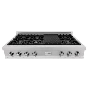 ZLINE 48 in. Porcelain Gas Rangetop in DuraSnow® Stainless Steel with 7 Gas Burners and Griddle (RTS-48) front, above.