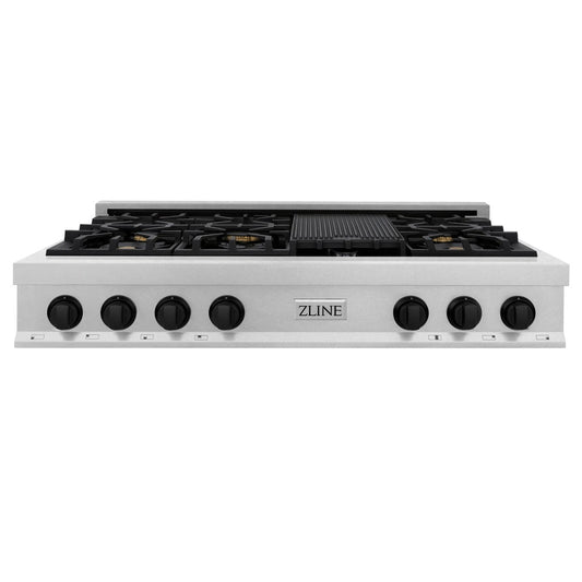 ZLINE Autograph Edition 48 in. Porcelain Rangetop with 7 Gas Burners in DuraSnow® Stainless Steel and Matte Black Accents (RTSZ-48-MB) front.