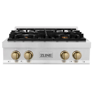 ZLINE Autograph Edition 30 in. Legacy Gas Rangetop with 4 Burners and Porcelain Cooktop in Satin Stainless Steel with Champagne Bronze Accents (RTSZ-30-CB) front.