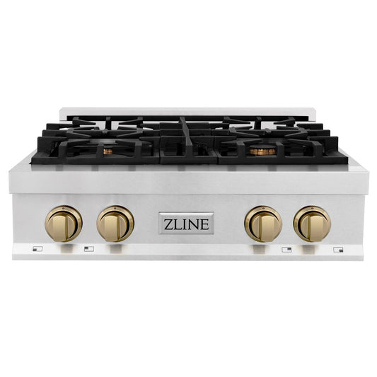 ZLINE Autograph Edition 30 in. Porcelain Rangetop with 4 Gas Burners in DuraSnow® Stainless Steel with Champagne Bronze Accents (RTSZ-30-CB) front.