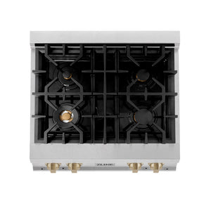ZLINE Autograph Edition 30 in. Legacy Gas Rangetop with 4 Burners and Porcelain Cooktop in Satin Stainless Steel with Champagne Bronze Accents (RTSZ-30-CB) from above showing gas burners and cast-iron grates.