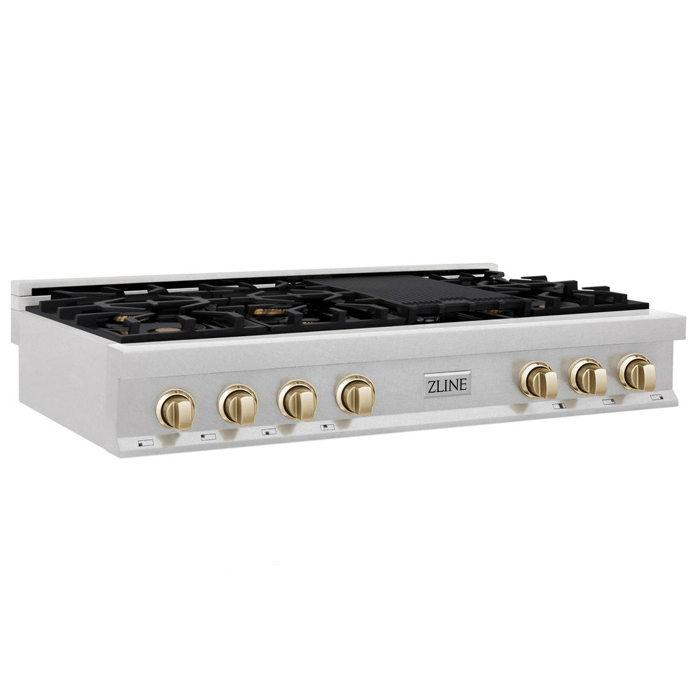 ZLINE Autograph Edition 48 in. Porcelain Rangetop with 7 Gas Burners in DuraSnow® Stainless Steel and Polished Gold Accents (RTSZ-48-G) side.