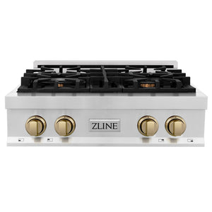 ZLINE Autograph Edition 30 in. Legacy Gas Rangetop with 4 Burners and Porcelain Cooktop in Stainless Steel with Champagne Bronze Accents (RTZ-30-CB) front.