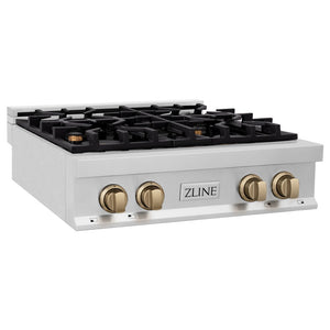 ZLINE Autograph Edition 30 in. Legacy Gas Rangetop with 4 Burners and Porcelain Cooktop in Stainless Steel with Champagne Bronze Accents (RTZ-30-CB) side.
