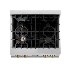ZLINE Autograph Edition 30 in. Legacy Gas Rangetop with 4 Burners and Porcelain Cooktop in Stainless Steel with Champagne Bronze Accents (RTZ-30-CB) from above showing gas burners and cast-iron grates.