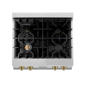 ZLINE Autograph Edition 30 in. Porcelain Rangetop with 4 Gas Burners in Stainless Steel and Champagne Bronze Accents (RTZ-30-CB) from above showing gas burners and cast-iron grates.