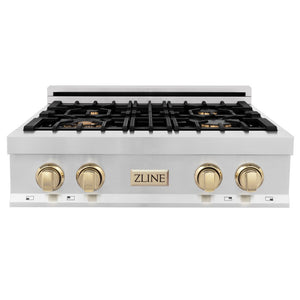 ZLINE Autograph Edition 30 in. Legacy Gas Rangetop with 4 Burners and Porcelain Cooktop in Stainless Steel with Polished Gold Accents (RTZ-30-G) front.
