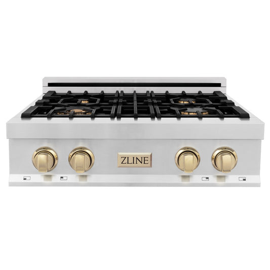 ZLINE Autograph Edition 30 in. Legacy Gas Rangetop with 4 Burners and Porcelain Cooktop in Stainless Steel with Polished Gold Accents (RTZ-30-G) front.