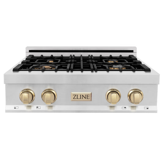 ZLINE Autograph Edition 30 in. Porcelain Rangetop with 4 Gas Burners in Stainless Steel and Polished Gold Accents (RTZ-30-G) front.