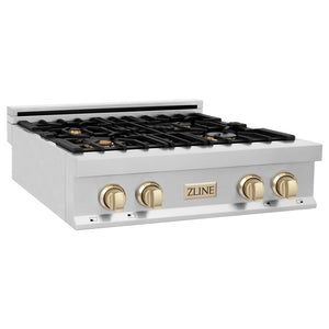 ZLINE Autograph Edition 30 in. Porcelain Rangetop with 4 Gas Burners in Stainless Steel and Polished Gold Accents (RTZ-30-G) side.