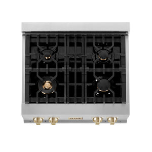 ZLINE Autograph Edition 30 in. Legacy Gas Rangetop with 4 Burners and Porcelain Cooktop in Stainless Steel with Polished Gold Accents (RTZ-30-G) from above showing gas burners and cast-iron grates.