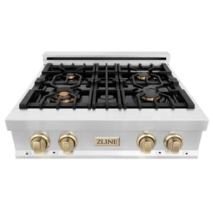 ZLINE Autograph Edition 30 in. Porcelain Rangetop with 4 Gas Burners in Stainless Steel and Polished Gold Accents (RTZ-30-G) front, high angle