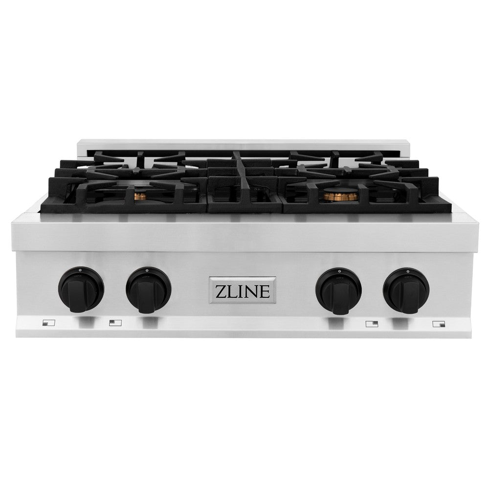 ZLINE Autograph Edition 30 in. Porcelain Rangetop with 4 Gas Burners in Stainless Steel and Matte Black Accents (RTZ-30-MB) front.