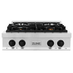 ZLINE Autograph Edition 30 in. Legacy Gas Rangetop with 4 Burners and Porcelain Cooktop in Stainless Steel with Matte Black Accents (RTZ-30-MB) front.
