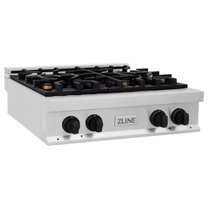 ZLINE Autograph Edition 30 in. Legacy Gas Rangetop with 4 Burners and Porcelain Cooktop in Stainless Steel with Matte Black Accents (RTZ-30-MB) side.