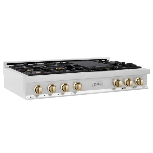 ZLINE Autograph Edition 48 in. Porcelain Rangetop with 7 Gas Burners in Stainless Steel with Polished Gold Accents (RTZ-48-G) side.