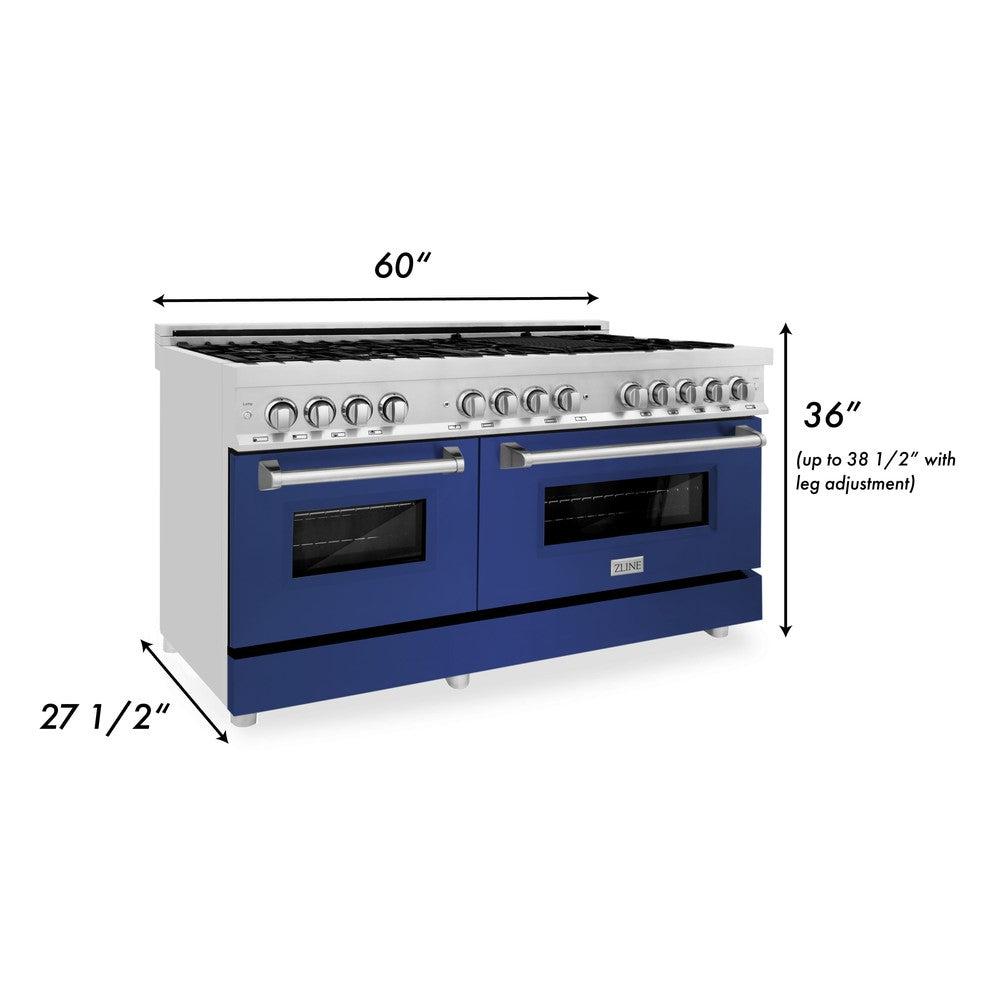 ZLINE 60 in. 7.4 cu. ft. Legacy Dual Fuel Range with 9 Burner Gas Cooktop and 2 Electric Convection Ovens in Stainless Steel and Blue Matte Doors (RA-BM-60) dimensional diagram.