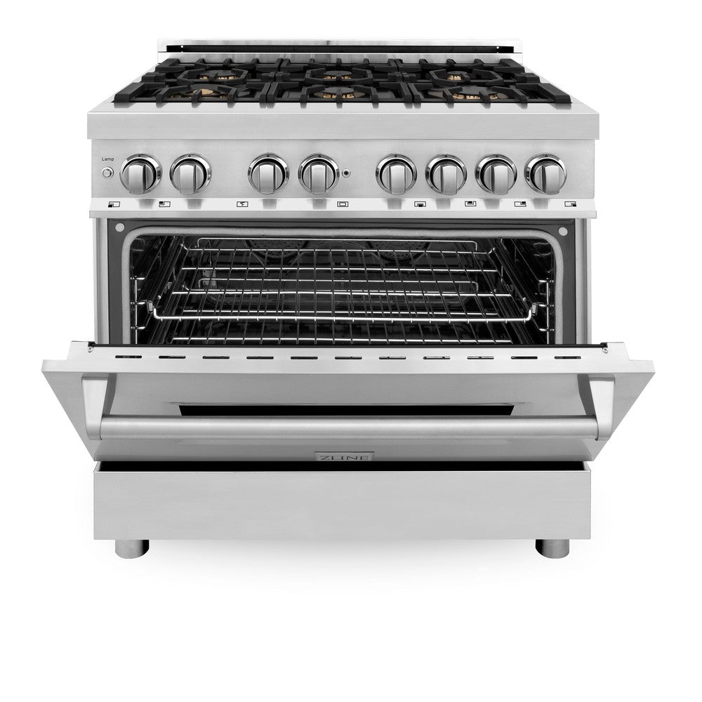 ZLINE 36 in. Dual Fuel Range with Gas Stove and Electric Oven in Stainless Steel with Brass Burners (RA-BR-36) front, oven door half open.
