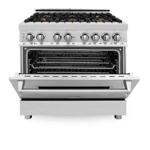ZLINE 36 in. 4.6 cu. ft. Legacy Dual Fuel Range with Gas Cooktop and Electric Convection Oven in Stainless Steel with 6 Brass Burners (RA-BR-36) front, oven half open.