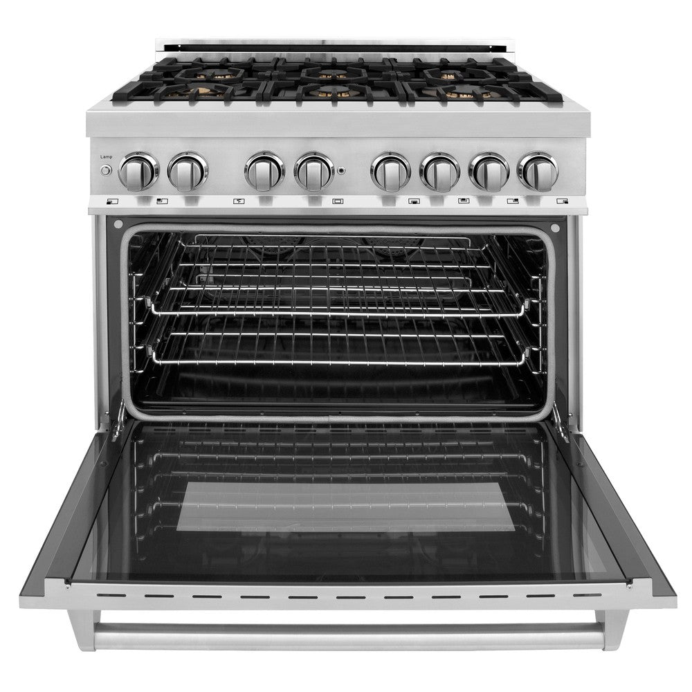 ZLINE 36 in. Dual Fuel Range with Gas Stove and Electric Oven in Stainless Steel with Brass Burners (RA-BR-36) front, oven door open.