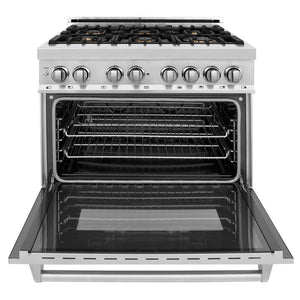 ZLINE 36 in. 4.6 cu. ft. Legacy Dual Fuel Range with Gas Cooktop and Electric Convection Oven in Stainless Steel with 6 Brass Burners (RA-BR-36) front, open.