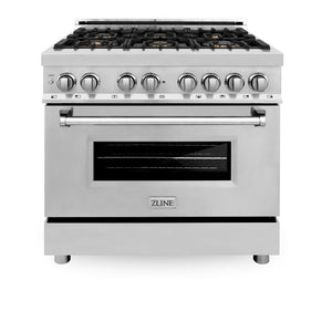ZLINE 36 in. 4.6 cu. ft. Legacy Dual Fuel Range with Gas Cooktop and Electric Convection Oven in Stainless Steel with 6 Brass Burners (RA-BR-36) front, oven closed.